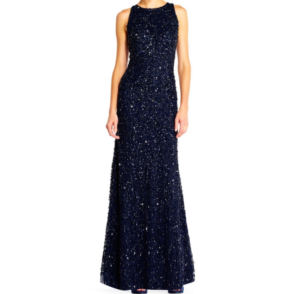 👗 Adrianna Papell Sequin Beaded Halter Dress